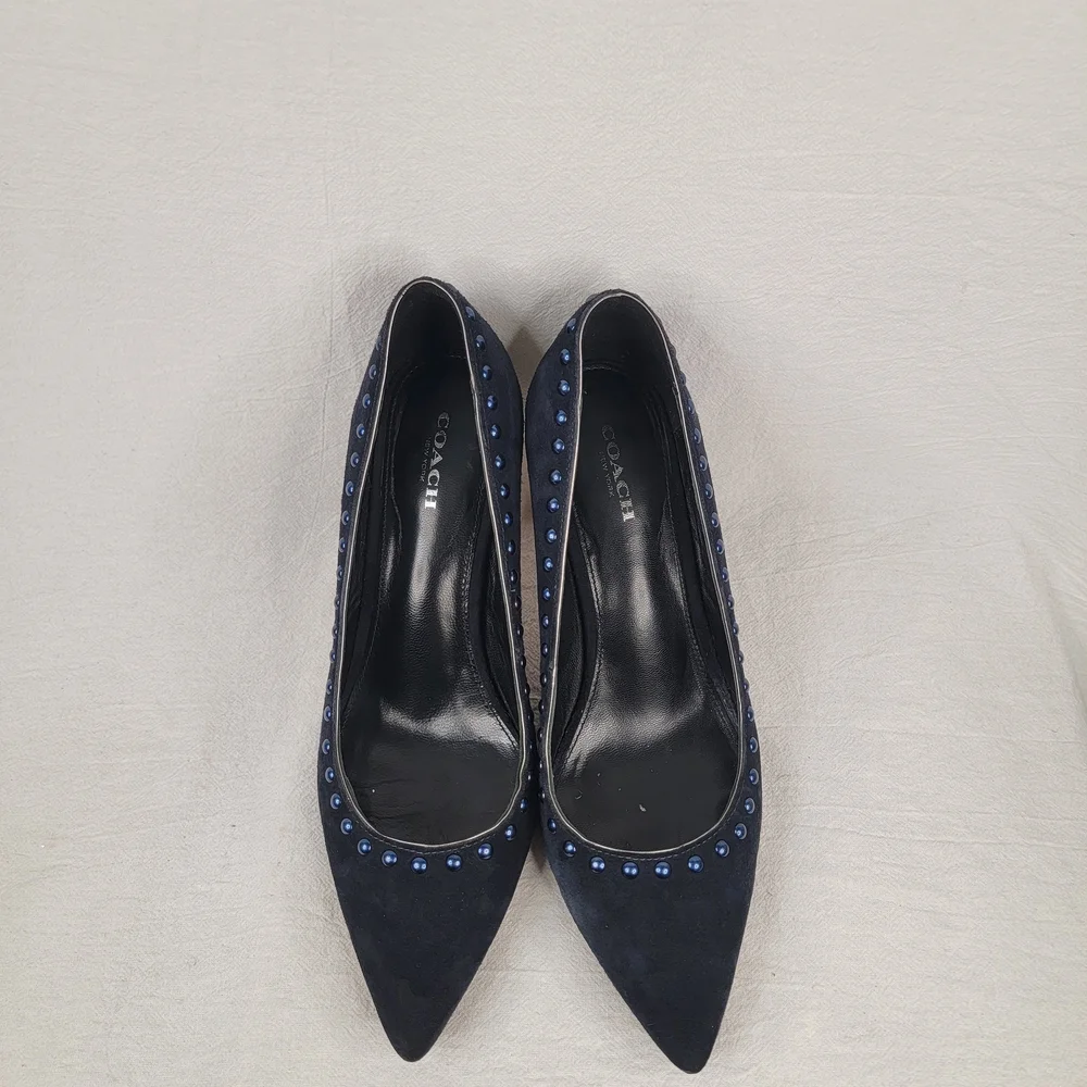 COACH Smith Rivets Navy Blue Suede Pointed Toe Pumps Stiletto Heels Size 8 B
​ - Picture 8 of 11